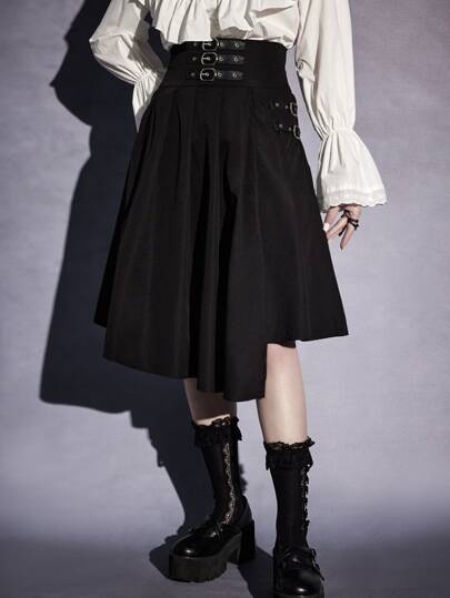 Goth تنورة بتفاصيل مشبك خصر عالي غير متماثل