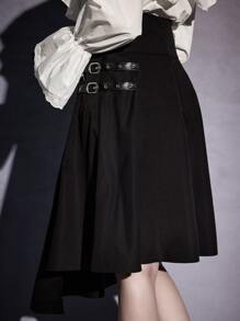 ROMWE Goth 帶扣細節高腰不對稱半身裙 - 黑色 - 查看 2