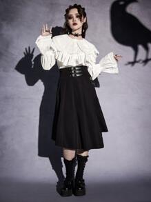 ROMWE Goth 帶扣細節高腰不對稱半身裙 - 黑色 - 查看 3