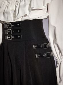 ROMWE Goth 帶扣細節高腰不對稱半身裙 - 黑色 - 查看 5