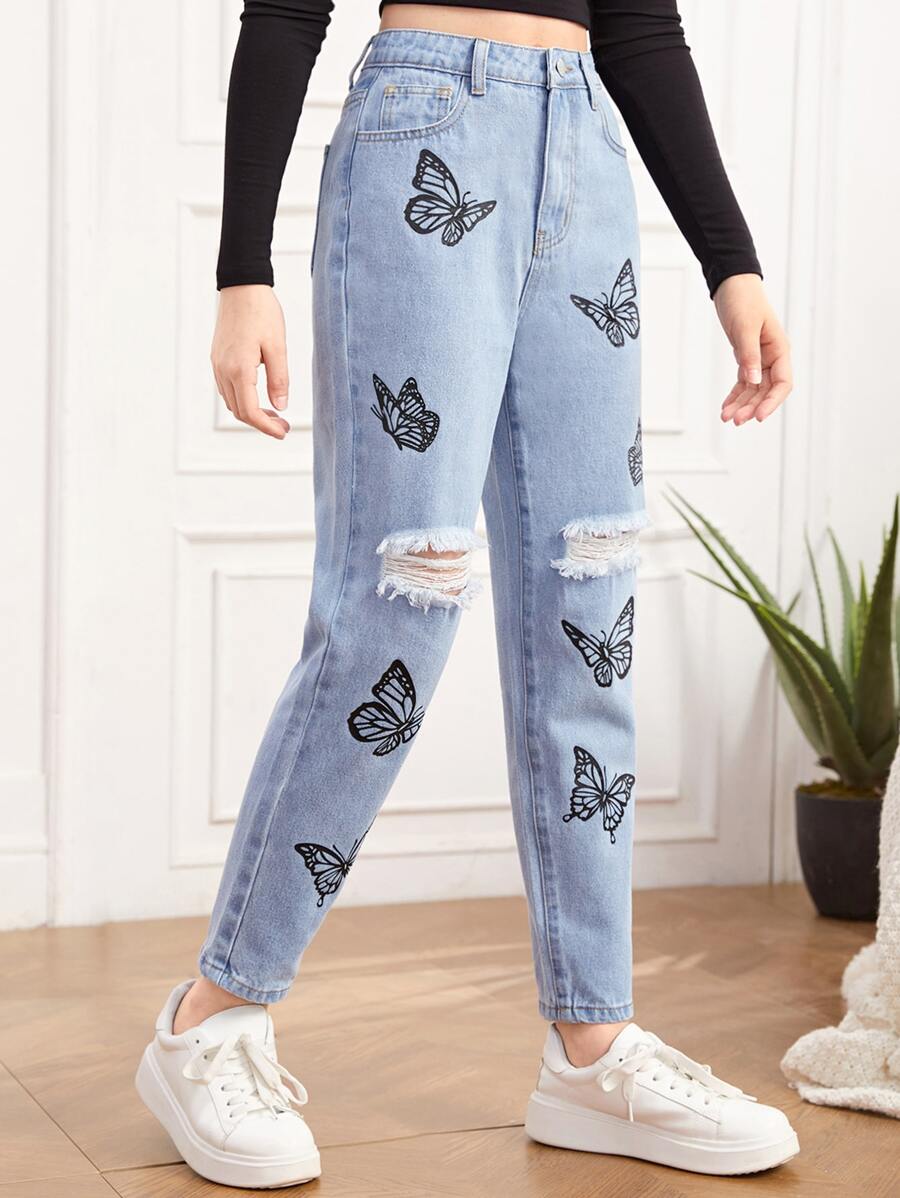 SHEIN Teen Girls Butterfly Print Ripped Jeans - Light Wash - View 1