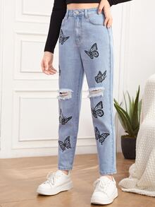 SHEIN Teen Girls Butterfly Print Ripped Jeans - Light Wash - View 3