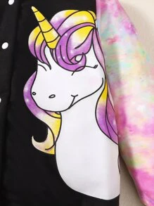 小女童紮染獨角獸印花條紋飾邊學院風夾克 - 黑色 - 查看 6