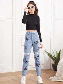 SHEIN Teen Girls Butterfly Print Ripped Jeans - Light Wash - View 4