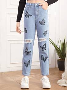 SHEIN Teen Girls Butterfly Print Ripped Jeans - Light Wash - View 5