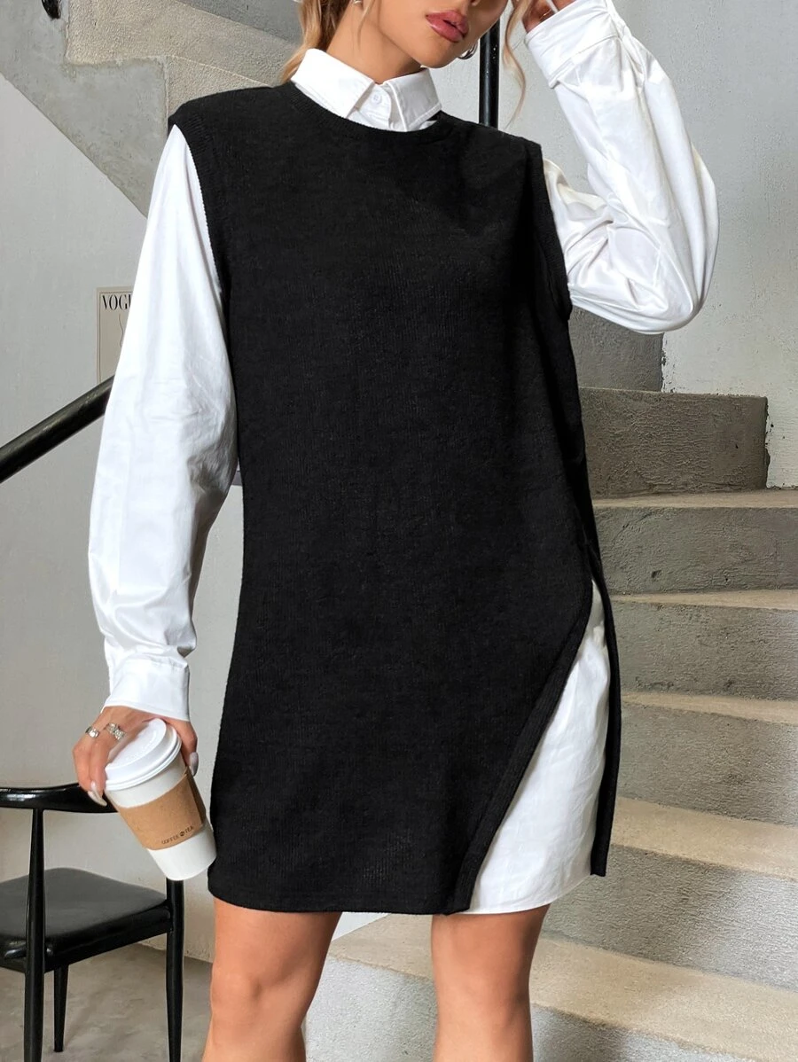 SHEIN EZwear Đầm Nút Khối Màu Giải trí - Đen và trắng - Xem 1