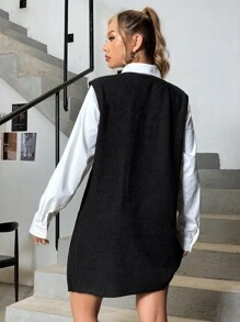 SHEIN EZwear Đầm Nút Khối Màu Giải trí - Đen và trắng - Xem 2