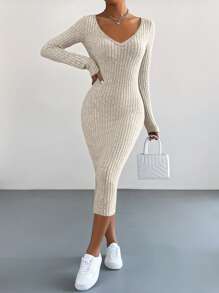 SHEIN Essnce Vestido ajustado tejido de canalé - Caqui - Ver 3