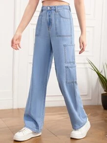 SHEIN 青少年女孩拉鏈門襟補丁貼口袋闊腿牛仔褲 - 淺色水洗藍 - 查看 3