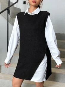 SHEIN EZwear Đầm Nút Khối Màu Giải trí - Đen và trắng - Xem 3