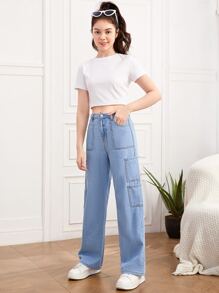 SHEIN 青少年女孩拉鏈門襟補丁貼口袋闊腿牛仔褲 - 淺色水洗藍 - 查看 4