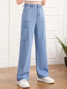 SHEIN 青少年女孩拉鏈門襟補丁貼口袋闊腿牛仔褲 - 淺色水洗藍 - 查看 5