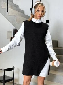 SHEIN EZwear Đầm Nút Khối Màu Giải trí - Đen và trắng - Xem 4