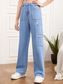 SHEIN 青少年女孩拉鏈門襟補丁貼口袋闊腿牛仔褲 - 淺色水洗藍 - 查看 6