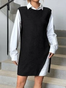 SHEIN EZwear Đầm Nút Khối Màu Giải trí - Đen và trắng - Xem 5