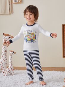Boys Cartoon & Slogan Graphic Snug Fit PJ Set - Blue and White - View 1