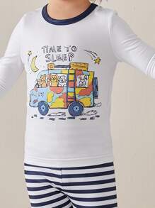 Boys Cartoon & Slogan Graphic Snug Fit PJ Set - Blue and White - View 3