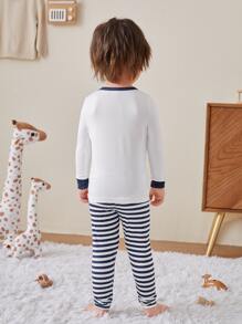 Boys Cartoon & Slogan Graphic Snug Fit PJ Set - Blue and White - View 4