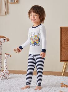 Boys Cartoon & Slogan Graphic Snug Fit PJ Set - Blue and White - View 5