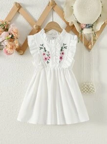 Niñas Vestido con bordado floral ribete con fruncido - Blanco - Ver 1