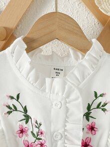 Niñas Vestido con bordado floral ribete con fruncido - Blanco - Ver 3