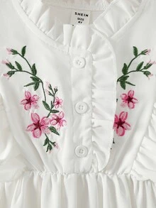 Niñas Vestido con bordado floral ribete con fruncido - Blanco - Ver 5