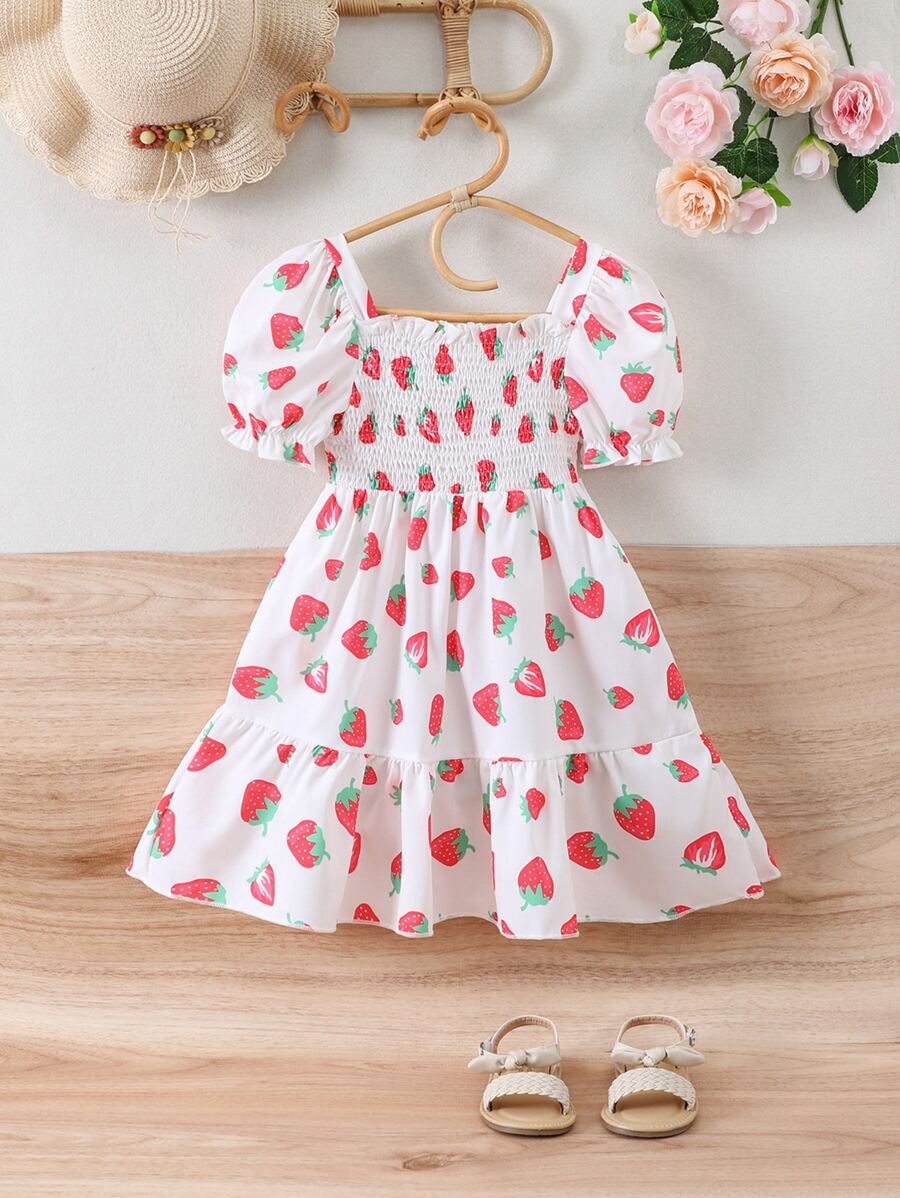 Toddler Girls Strawberry Print Puff Sleeve Shirred Ruffle Hem Dress - White - View 1