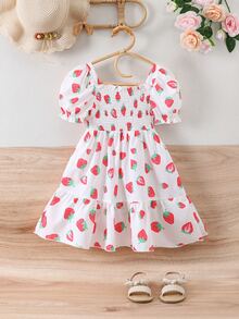 Toddler Girls Strawberry Print Puff Sleeve Shirred Ruffle Hem Dress - White - View 2