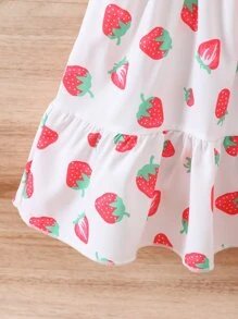 Toddler Girls Strawberry Print Puff Sleeve Shirred Ruffle Hem Dress - White - View 3