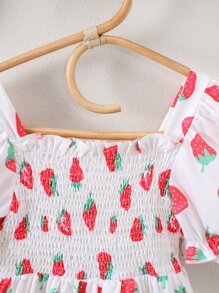 Toddler Girls Strawberry Print Puff Sleeve Shirred Ruffle Hem Dress - White - View 4