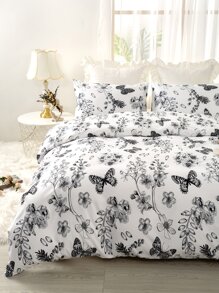 Butterfly & Floral Pattern Duvet Cover Set Without Filler - Multicolor - View 1