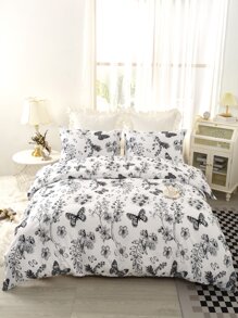 Butterfly & Floral Pattern Duvet Cover Set Without Filler - Multicolor - View 4