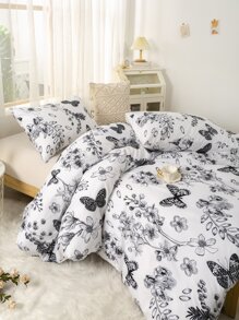 Butterfly & Floral Pattern Duvet Cover Set Without Filler - Multicolor - View 5