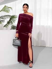 SHEIN Belle 不對稱領褶邊高衩連衣裙 - 酒紅色 - 查看 5