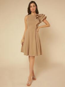 SHEIN Belle Vestido ribete con fruncido ajustado y de campana - Camel - Ver 3