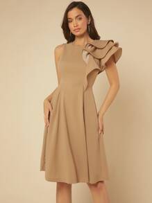 SHEIN Belle Vestido ribete con fruncido ajustado y de campana - Camel - Ver 5