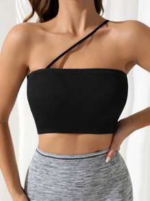Light Support Seamless One Shoulder Sports Bra - Black - View 2