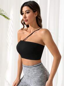 Light Support Seamless One Shoulder Sports Bra - Black - View 5