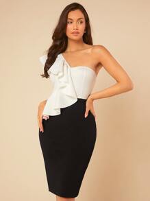 SHEIN Belle Vestido ajustado de dos tonos ribete con fruncido de un hombro - Blanco y Negro - Ver 2