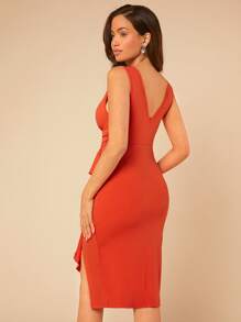 SHEIN Belle Vestido ajustado ribete con fruncido fruncido fruncido bajo asimétrico - Naranja - Ver 2