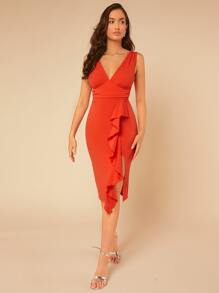 SHEIN Belle Vestido ajustado ribete con fruncido fruncido fruncido bajo asimétrico - Naranja - Ver 3