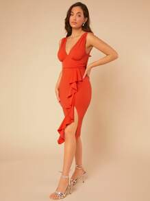 SHEIN Belle Vestido ajustado ribete con fruncido fruncido fruncido bajo asimétrico - Naranja - Ver 4