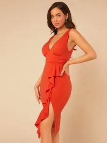 SHEIN Belle Vestido ajustado ribete con fruncido fruncido fruncido bajo asimétrico - Naranja - Ver 5