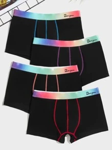 Men 4pcs Top-stitching Letter Graphic Contrast Ombre Tape Boxer Brief - Black - View 1