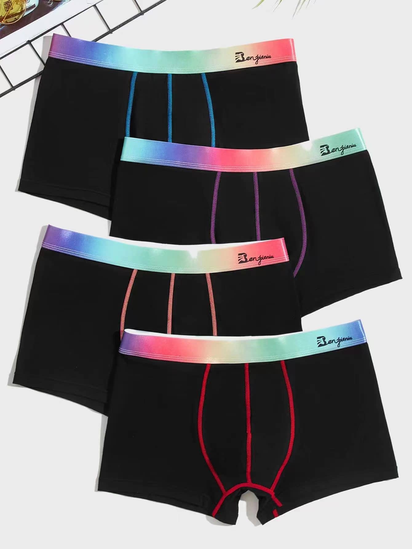 Men 4pcs Top-stitching Letter Graphic Contrast Ombre Tape Boxer Brief - Black - View 1