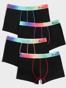 Men 4pcs Top-stitching Letter Graphic Contrast Ombre Tape Boxer Brief - Black - View 3