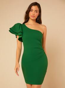 SHEIN Belle 單肩蝴蝶袖緊身洋裝 - 綠色 - 查看 4
