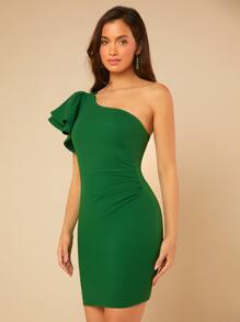 SHEIN Belle 單肩蝴蝶袖緊身洋裝 - 綠色 - 查看 5