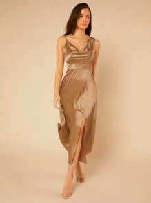 SHEIN Belle 垂領高衩緞面洋裝