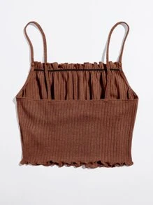 SHEIN EZwear 褶邊前抽褶羅紋針織吊帶上衣 - 鏽棕色 - 查看 2